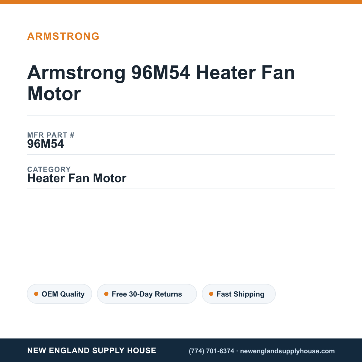 Armstrong 96M54 Heater Fan Motor — New England Supply House spec card [NESH-SPEC-CARD-V2]