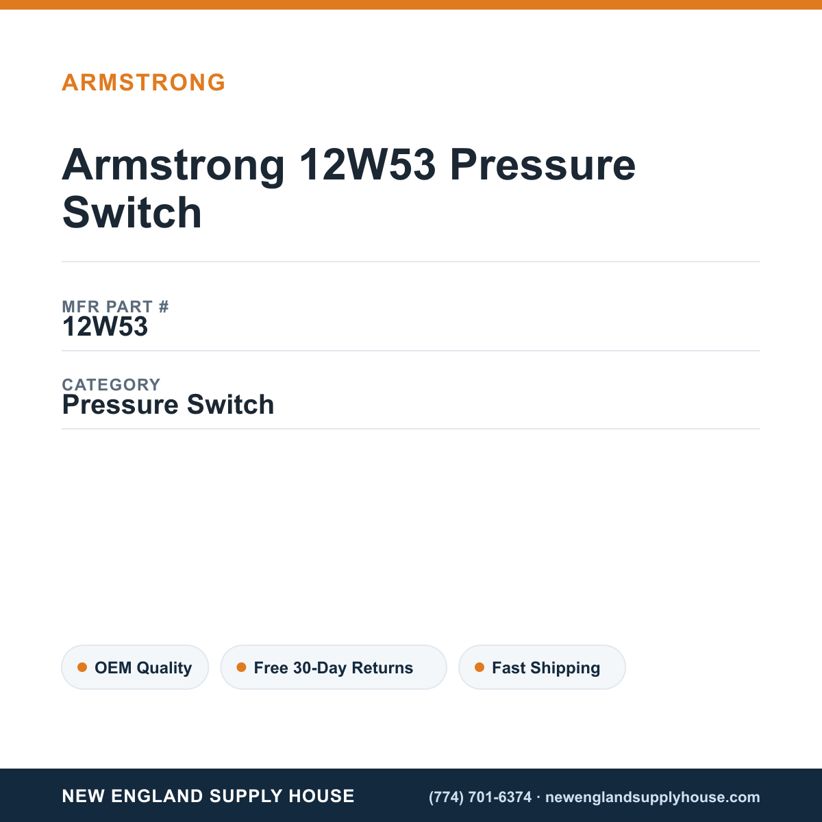 Armstrong 12W53 Pressure Switch — New England Supply House spec card [NESH-SPEC-CARD-V2]