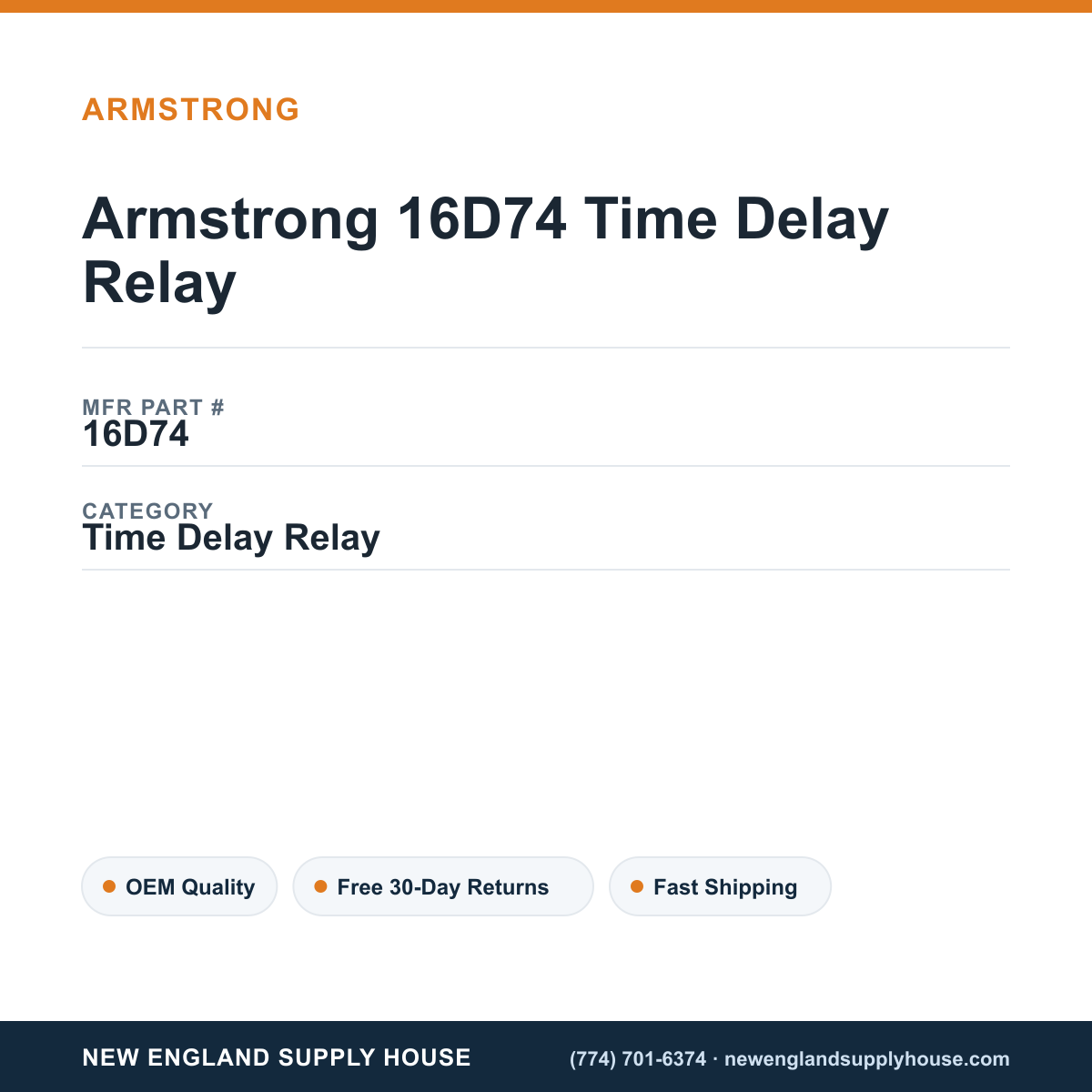 Armstrong 16D74 Time Delay Relay — New England Supply House spec card [NESH-SPEC-CARD-V2]