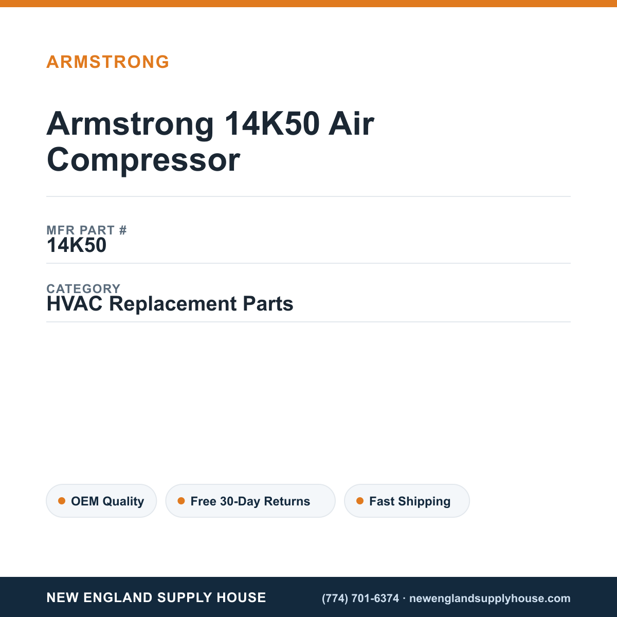 Armstrong 14K50 Air Compressor — New England Supply House spec card [NESH-SPEC-CARD-V2]