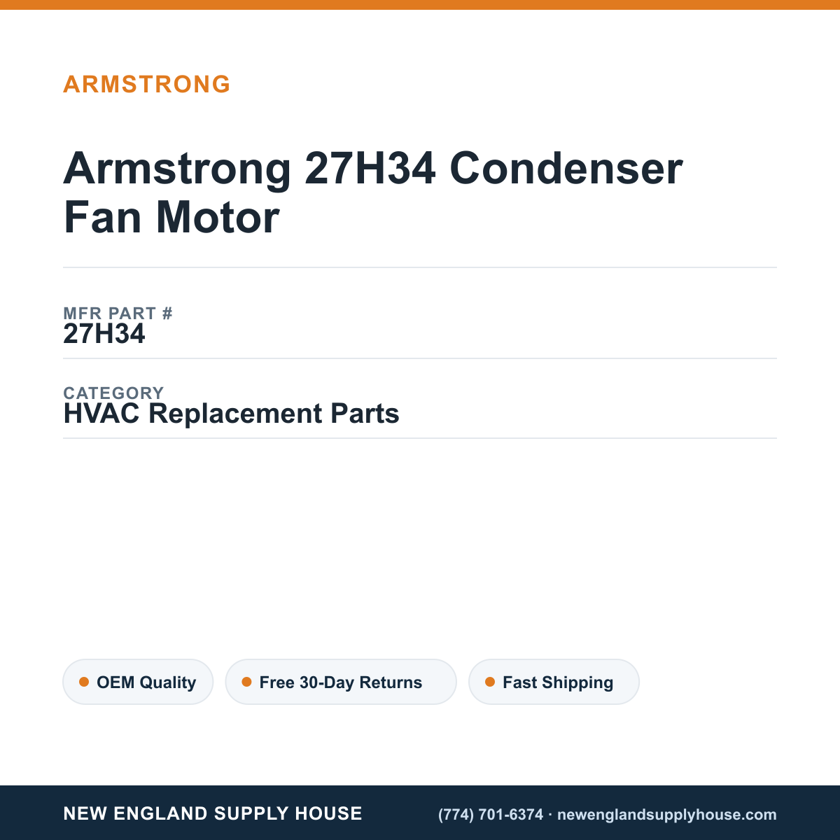 Armstrong 27H34 Condenser Fan Motor — New England Supply House spec card [NESH-SPEC-CARD-V2]
