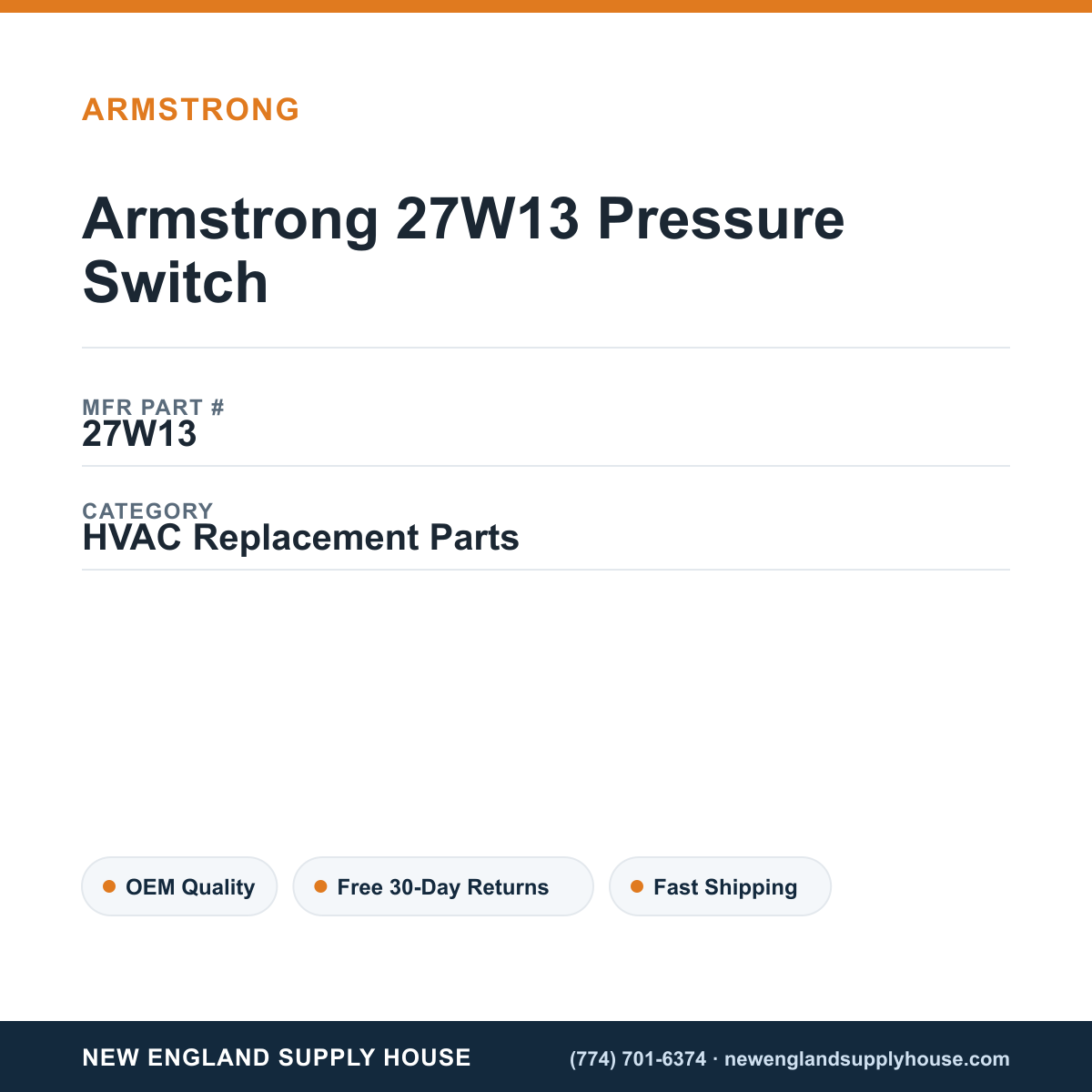 Armstrong 27W13 Pressure Switch — New England Supply House spec card [NESH-SPEC-CARD-V2]