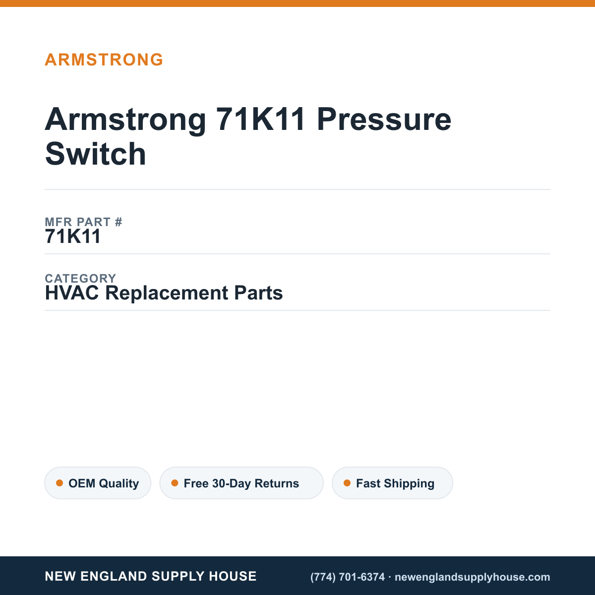 Armstrong 71K11 Pressure Switch — New England Supply House spec card [NESH-SPEC-CARD-V2]