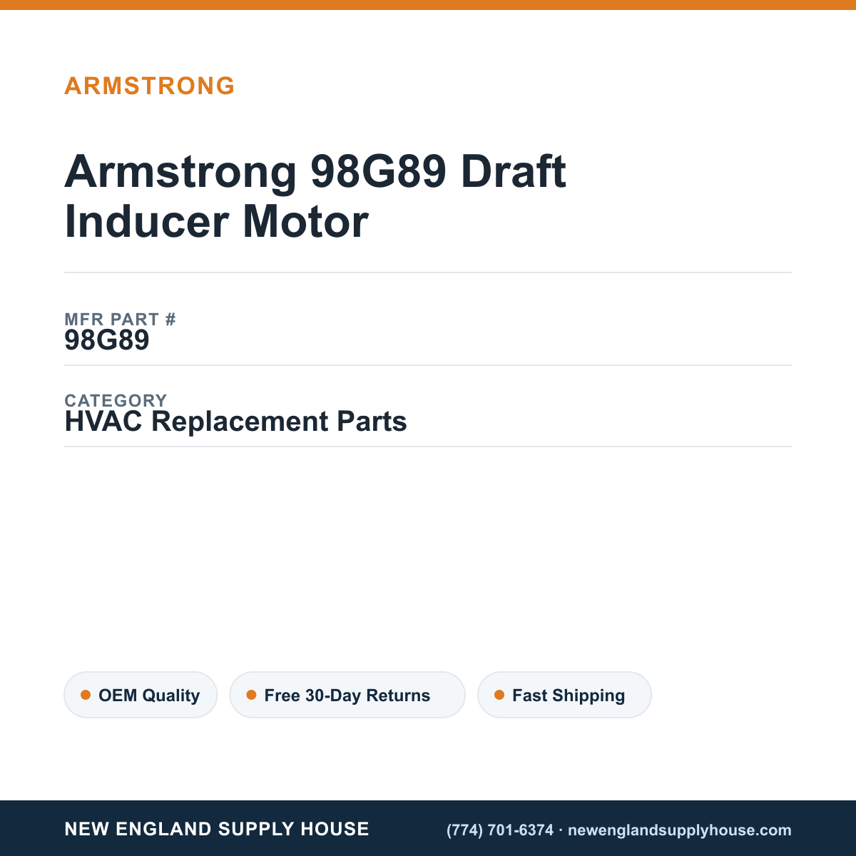 Armstrong 98G89 Draft Inducer Motor — New England Supply House spec card [NESH-SPEC-CARD-V2]