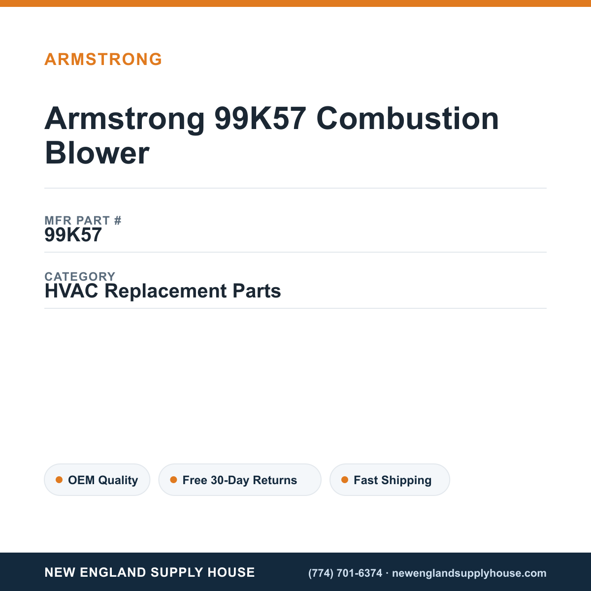 Armstrong 99K57 Combustion Blower — New England Supply House spec card [NESH-SPEC-CARD-V2]