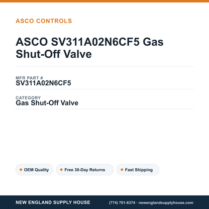 ASCO SV311A02N6CF5 Gas Shut-Off Valve — New England Supply House spec card [NESH-SPEC-CARD-V2]