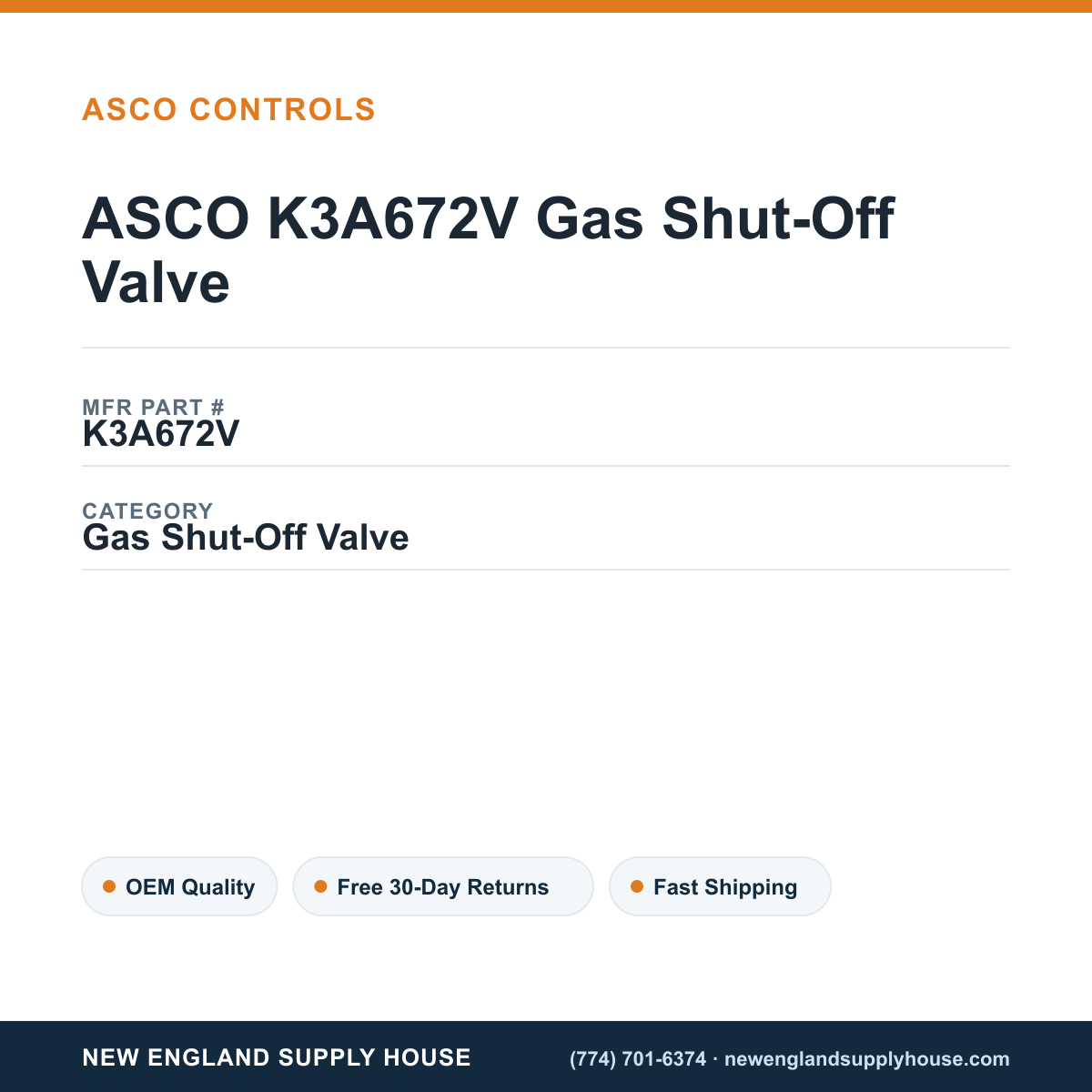 ASCO K3A672V Gas Shut-Off Valve — New England Supply House spec card [NESH-SPEC-CARD-V2]