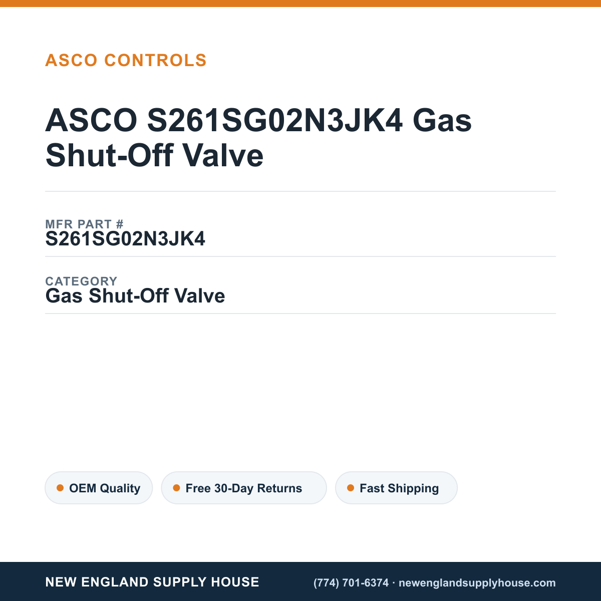 ASCO S261SG02N3JK4 Gas Shut-Off Valve — New England Supply House spec card [NESH-SPEC-CARD-V2]