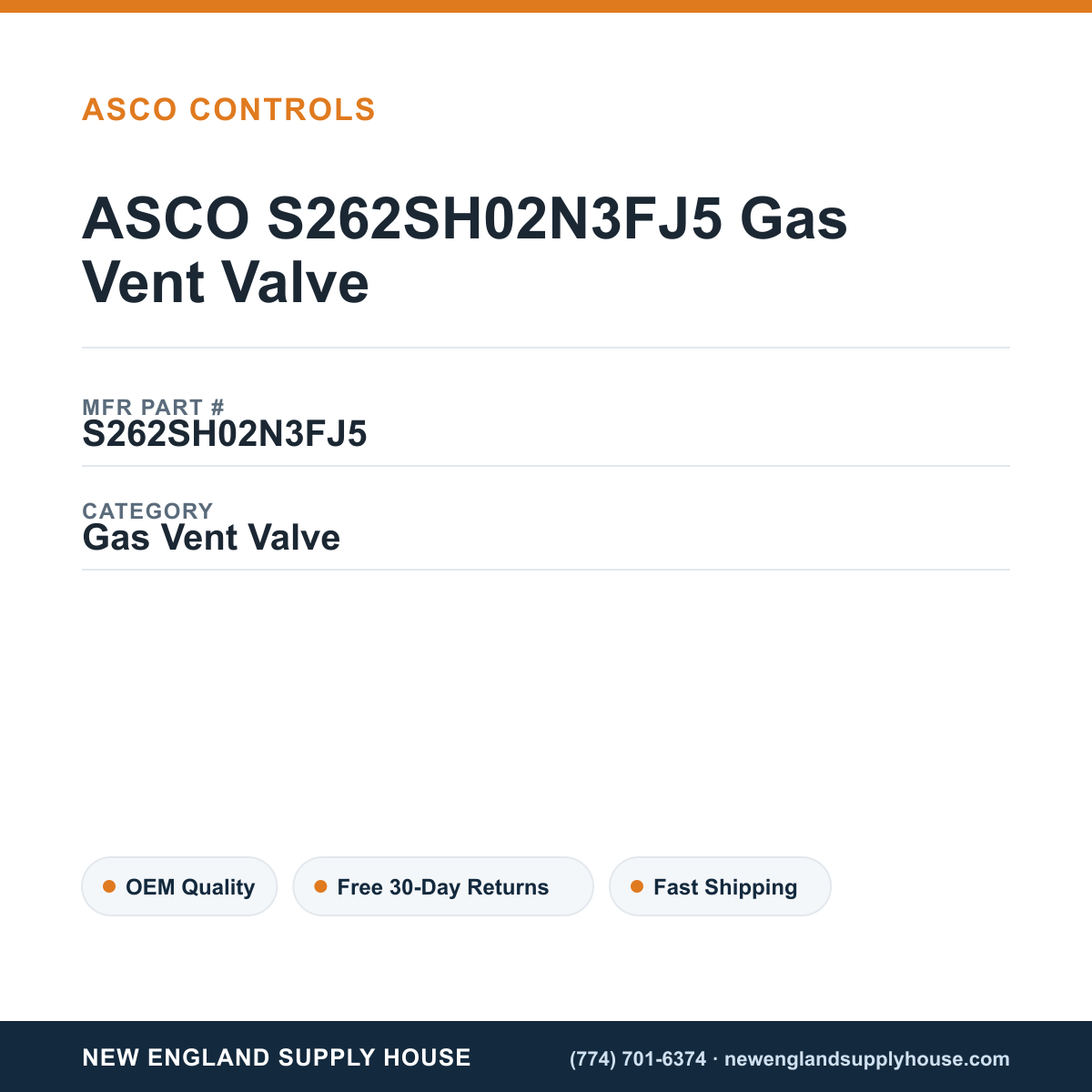 ASCO S262SH02N3FJ5 Gas Vent Valve — New England Supply House spec card [NESH-SPEC-CARD-V2]