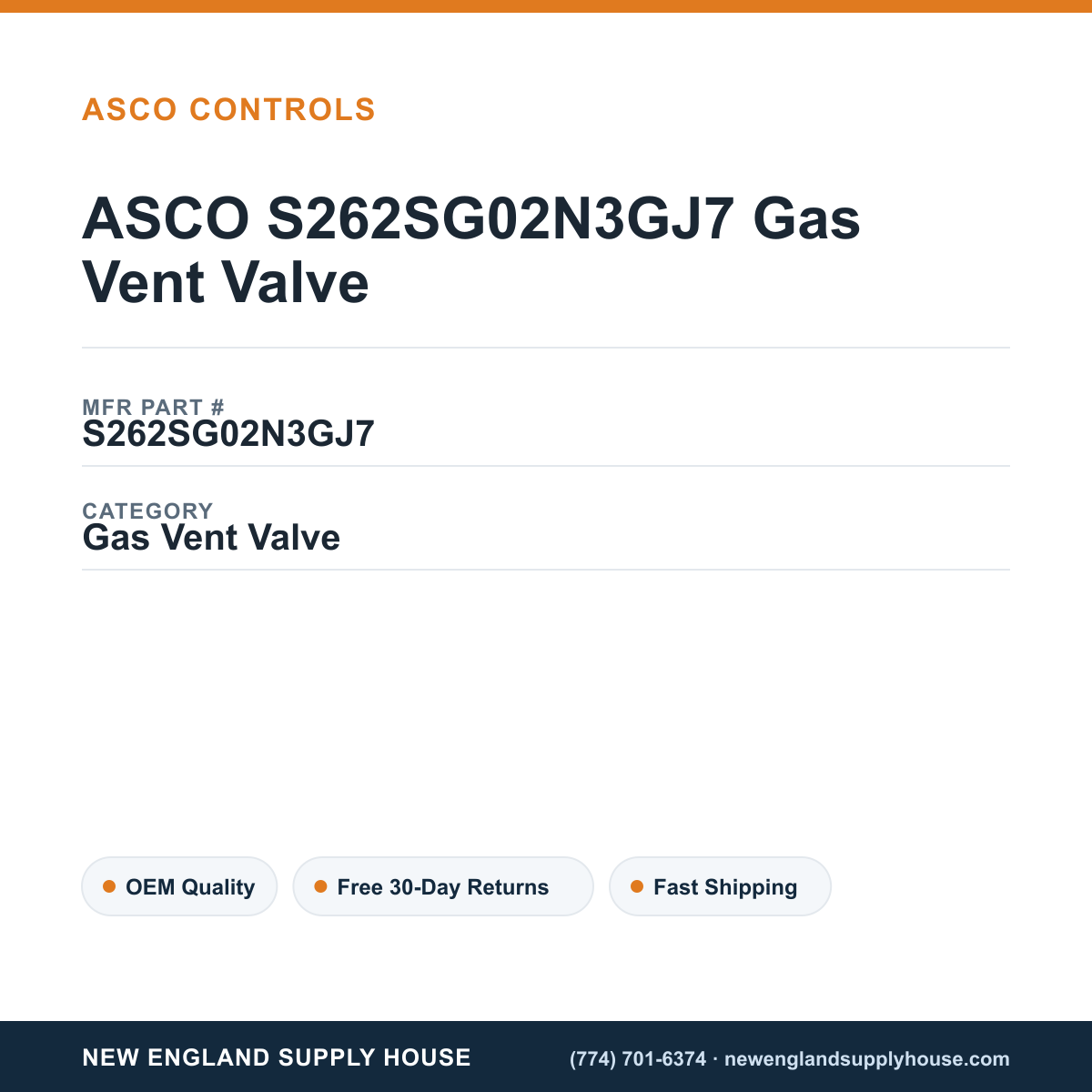 ASCO S262SG02N3GJ7 Gas Vent Valve — New England Supply House spec card [NESH-SPEC-CARD-V2]