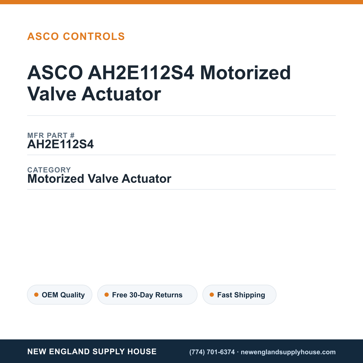 ASCO AH2E112S4 Motorized Valve Actuator — New England Supply House spec card [NESH-SPEC-CARD-V2]