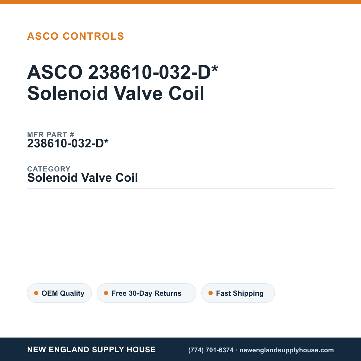 ASCO 238610-032-D* Solenoid Valve Coil — New England Supply House spec card [NESH-SPEC-CARD-V2]