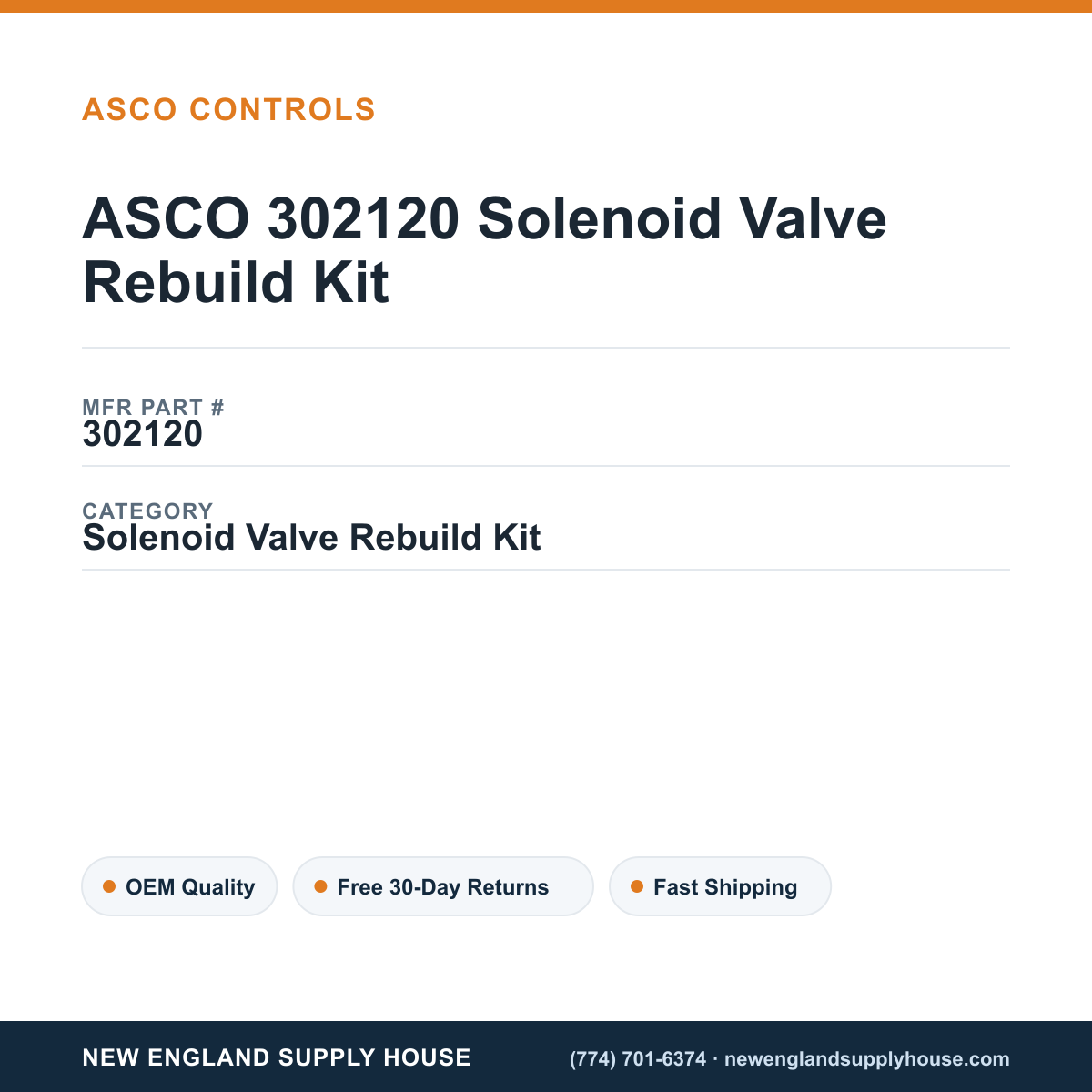 ASCO 302120 Solenoid Valve Rebuild Kit — New England Supply House spec card [NESH-SPEC-CARD-V2]