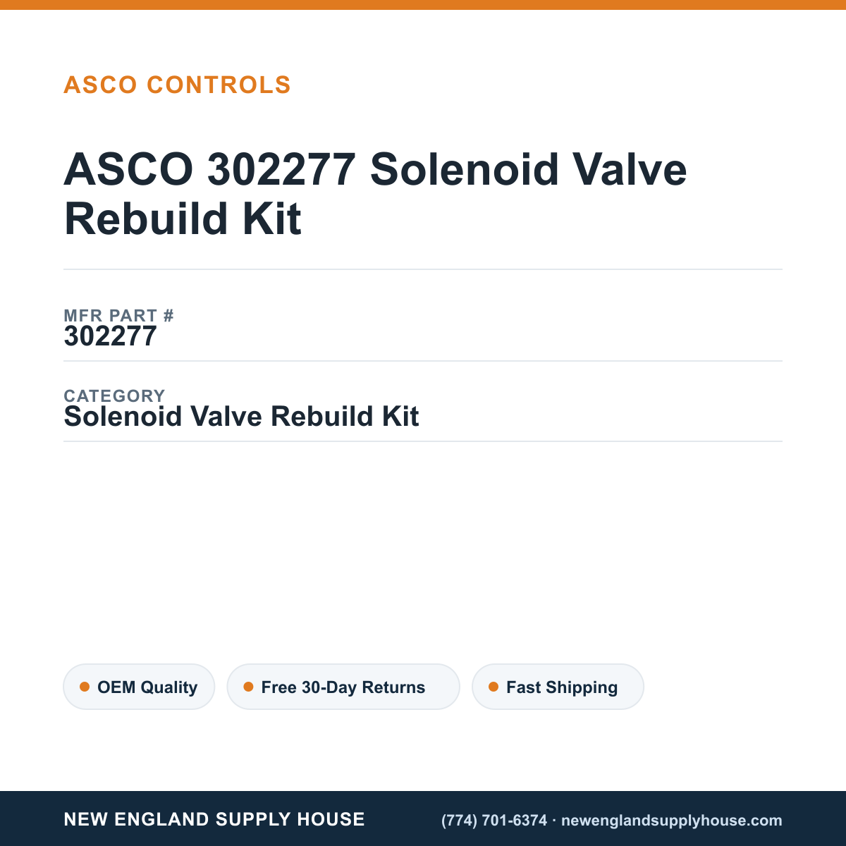 ASCO 302277 Solenoid Valve Rebuild Kit — New England Supply House spec card [NESH-SPEC-CARD-V2]