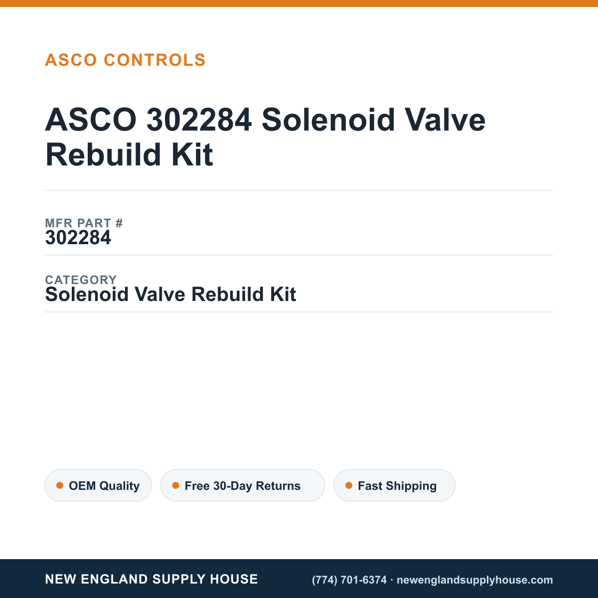 ASCO 302284 Solenoid Valve Rebuild Kit — New England Supply House spec card [NESH-SPEC-CARD-V2]