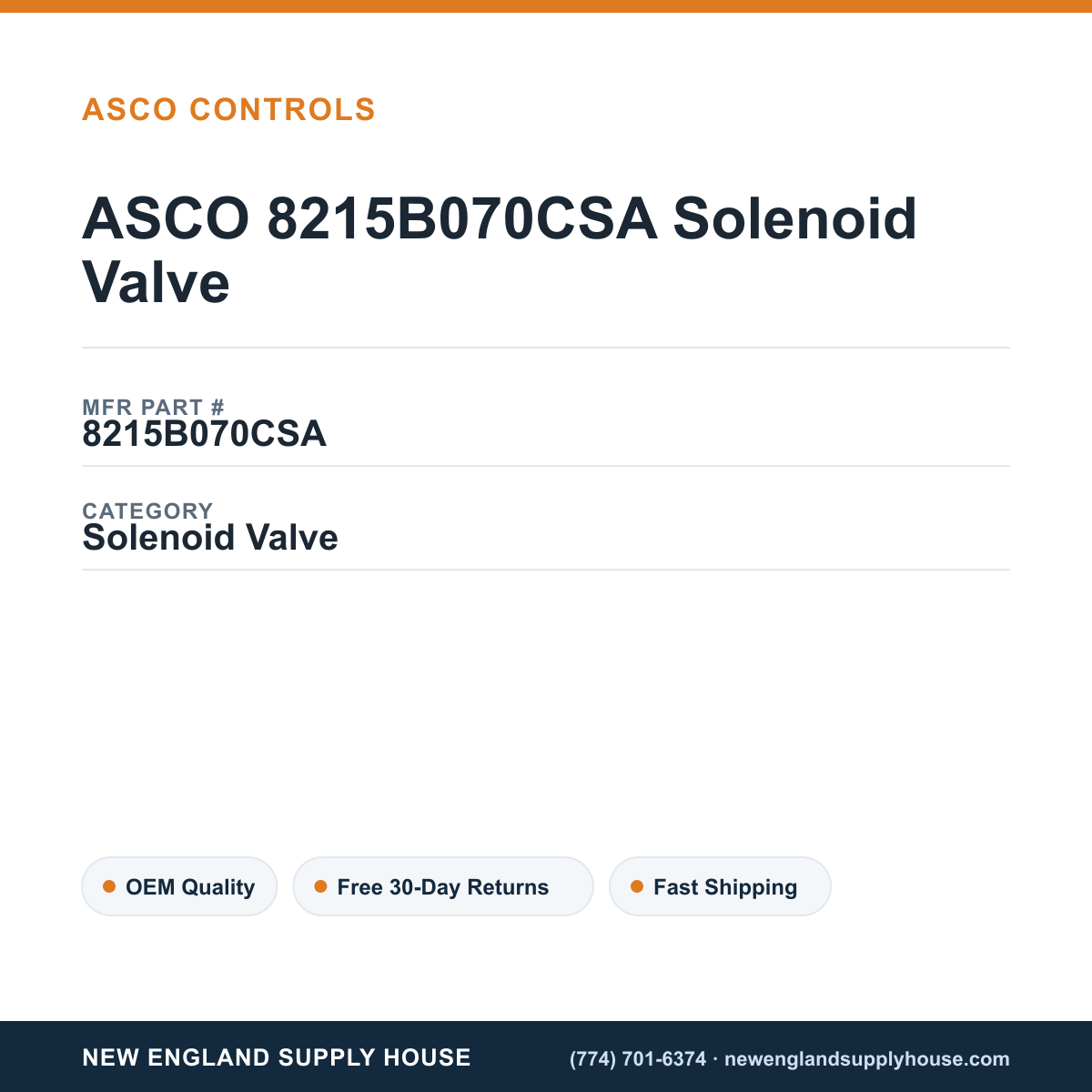 ASCO 8215B070CSA Solenoid Valve — New England Supply House spec card [NESH-SPEC-CARD-V2]