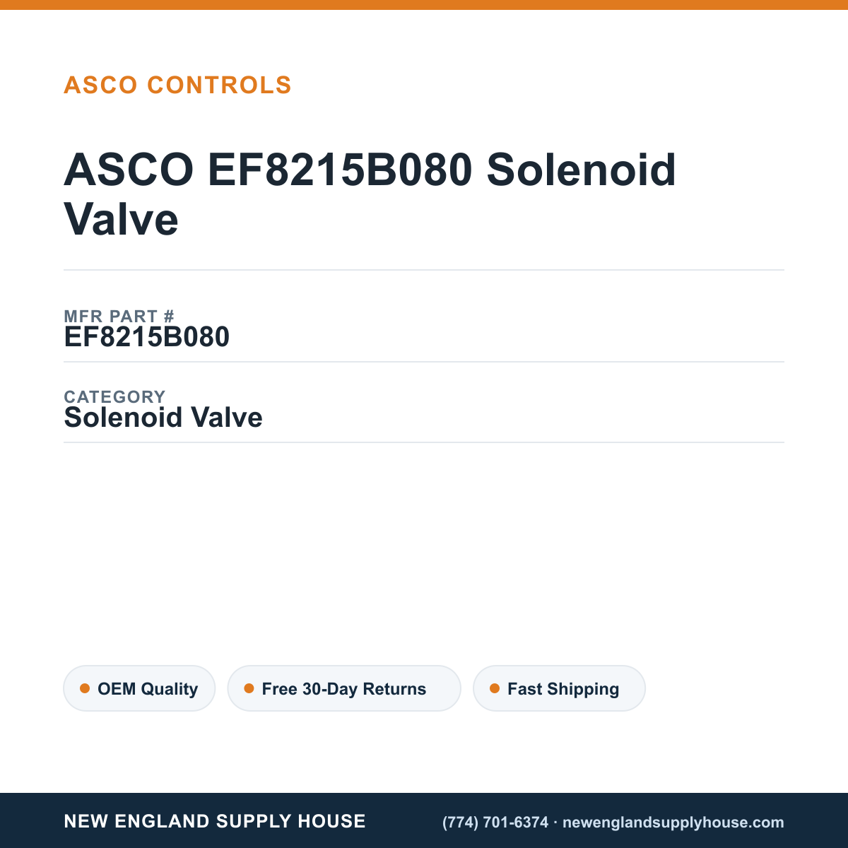 ASCO EF8215B080 Solenoid Valve — New England Supply House spec card [NESH-SPEC-CARD-V2]