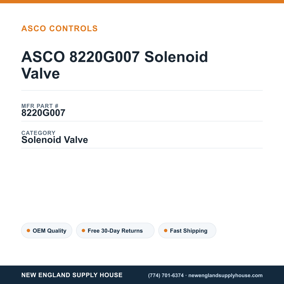 ASCO 8220G007 Solenoid Valve — New England Supply House spec card [NESH-SPEC-CARD-V2]