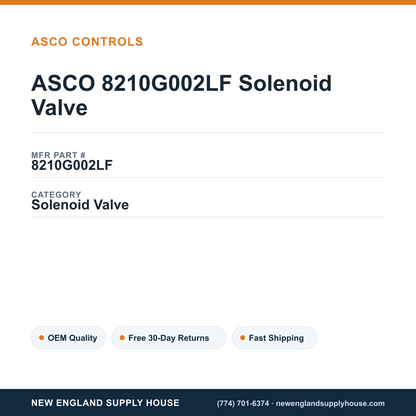 ASCO 8210G002LF Solenoid Valve — New England Supply House spec card [NESH-SPEC-CARD-V2]