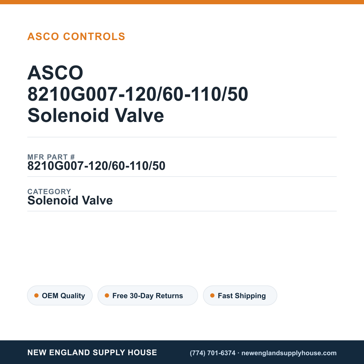 ASCO 8210G007-120/60-110/50 Solenoid Valve — New England Supply House spec card [NESH-SPEC-CARD-V2]