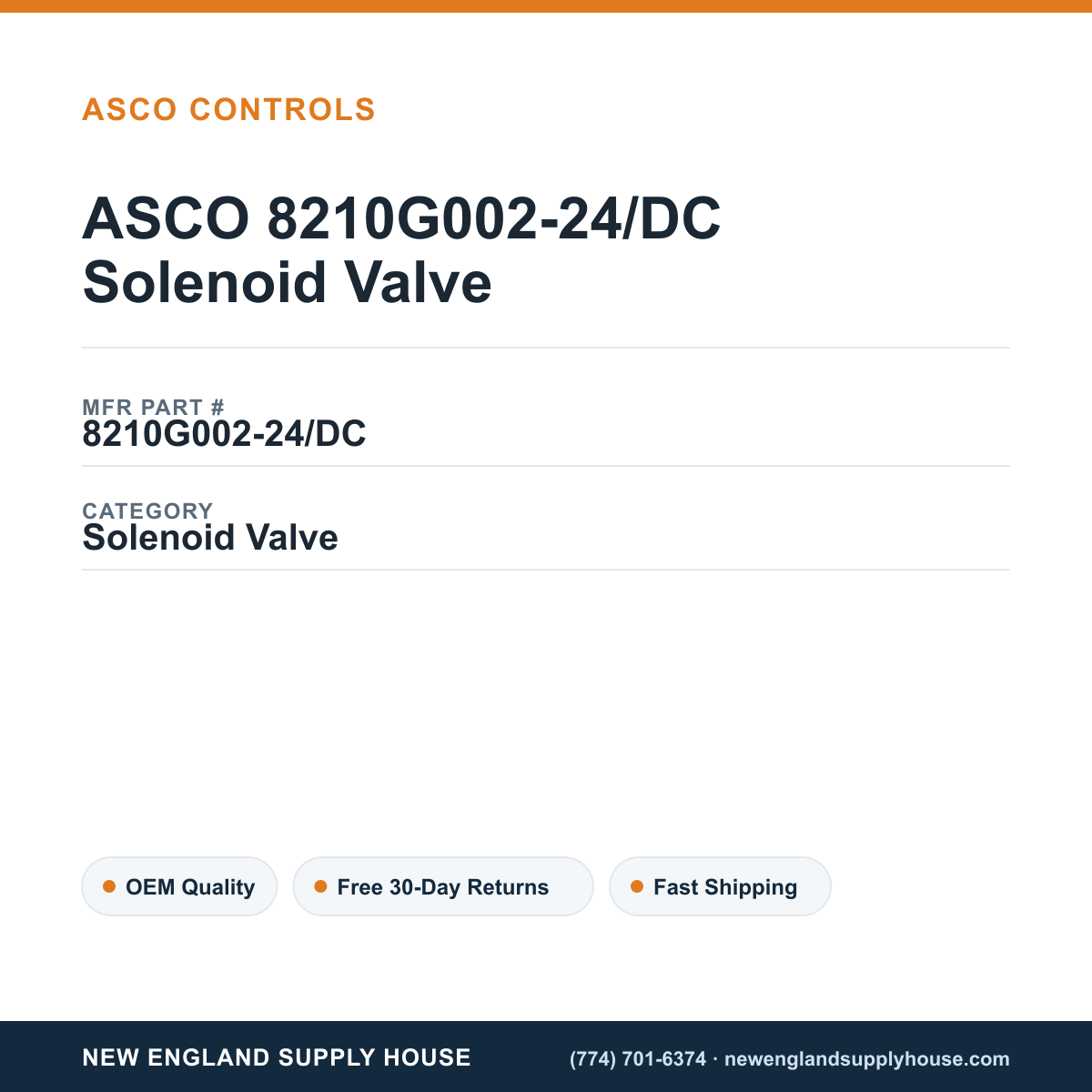 ASCO 8210G002-24/DC Solenoid Valve — New England Supply House spec card [NESH-SPEC-CARD-V2]