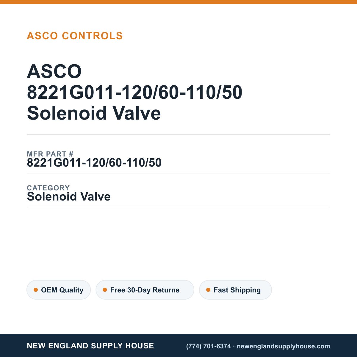 ASCO 8221G011-120/60-110/50 Solenoid Valve — New England Supply House spec card [NESH-SPEC-CARD-V2]