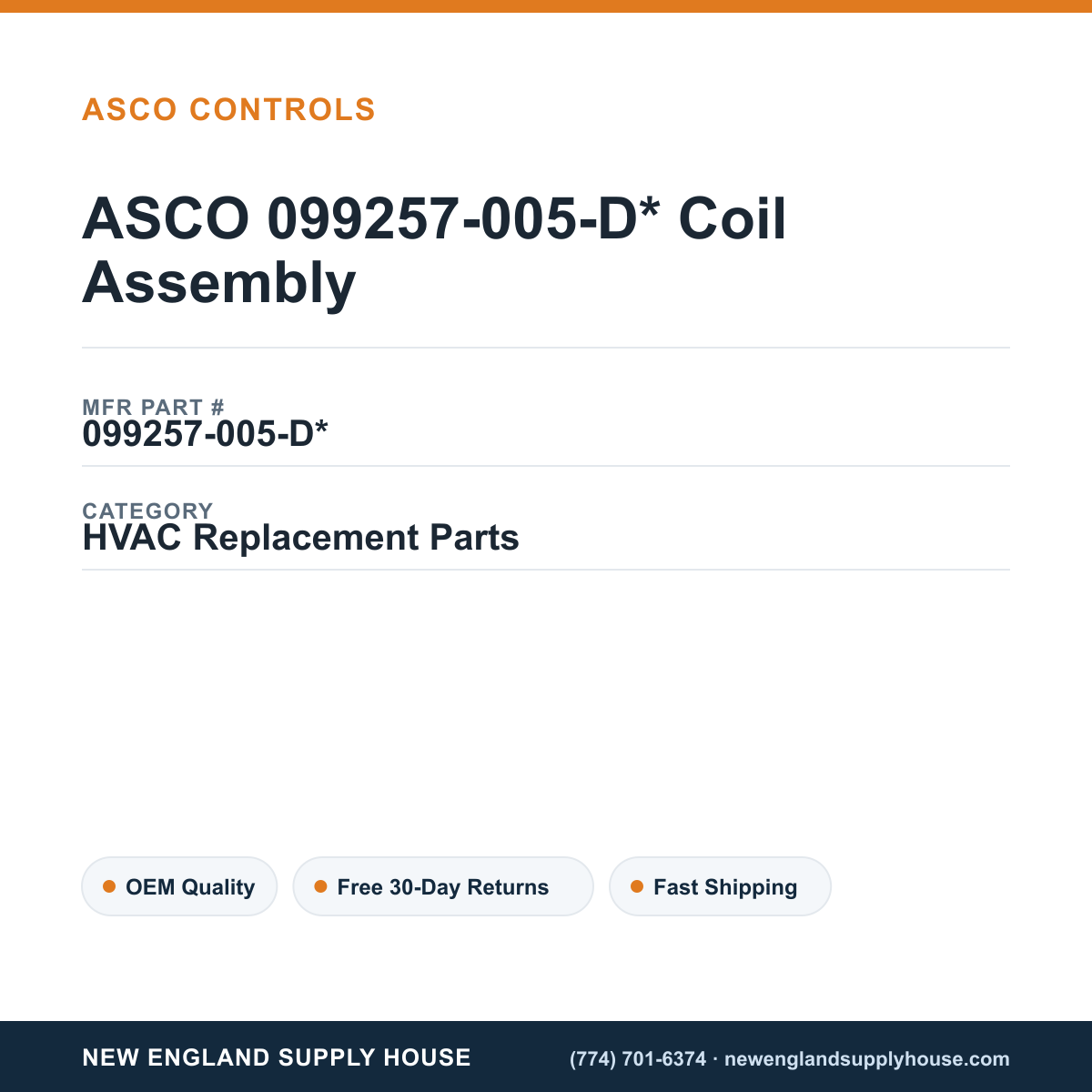 ASCO 099257-005-D* Coil Assembly — New England Supply House spec card [NESH-SPEC-CARD-V2]