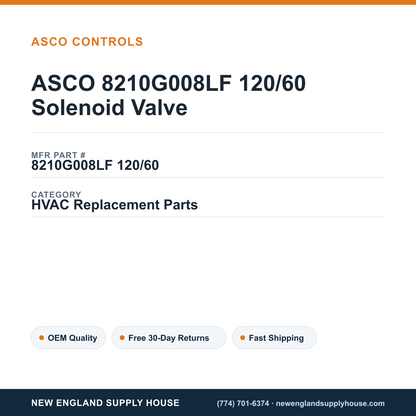ASCO 8210G008LF 120/60 Solenoid Valve — New England Supply House spec card [NESH-SPEC-CARD-V2]