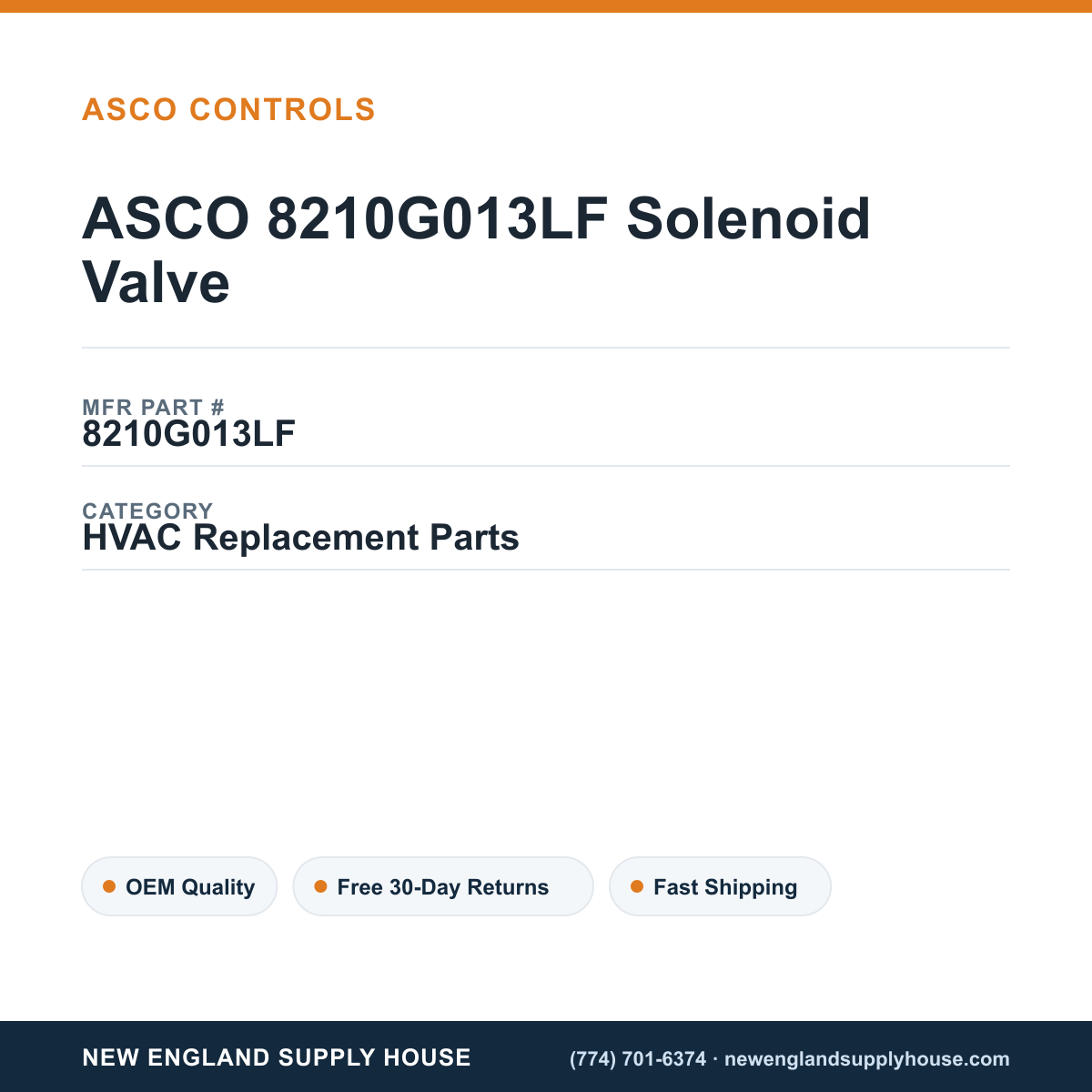 ASCO 8210G013LF Solenoid Valve — New England Supply House spec card [NESH-SPEC-CARD-V2]