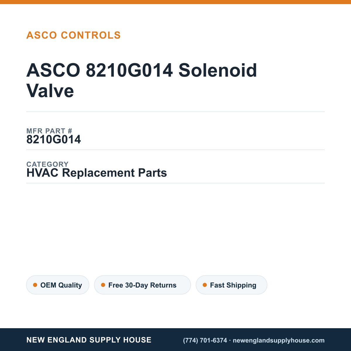 ASCO 8210G014 Solenoid Valve — New England Supply House spec card [NESH-SPEC-CARD-V2]
