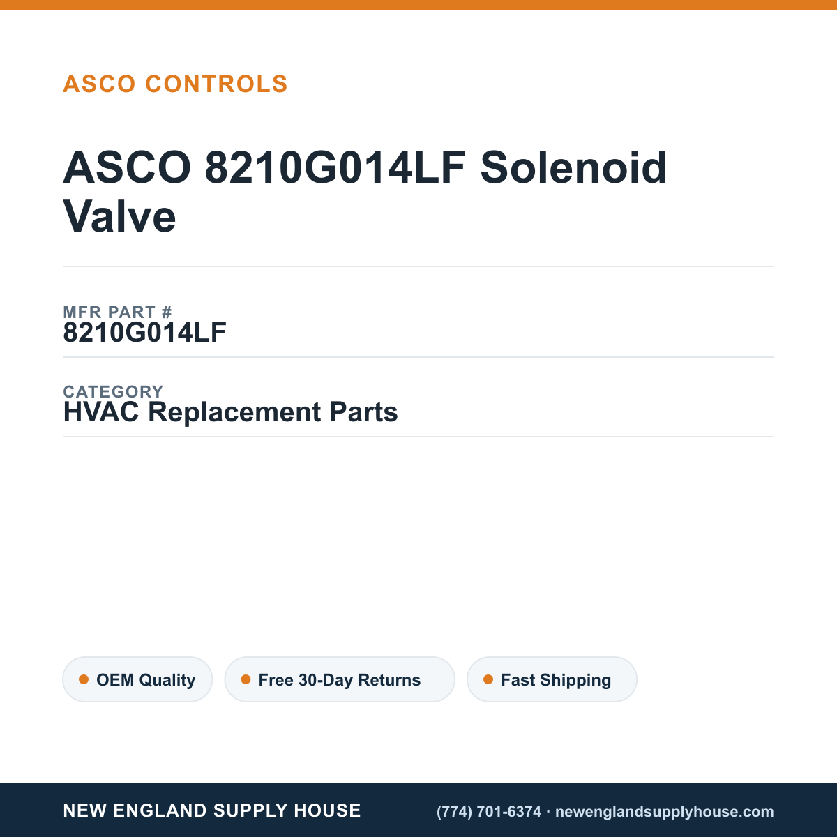ASCO 8210G014LF Solenoid Valve — New England Supply House spec card [NESH-SPEC-CARD-V2]