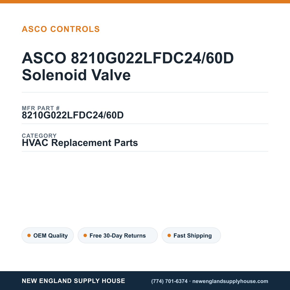 ASCO 8210G022LFDC24/60D Solenoid Valve — New England Supply House spec card [NESH-SPEC-CARD-V2]
