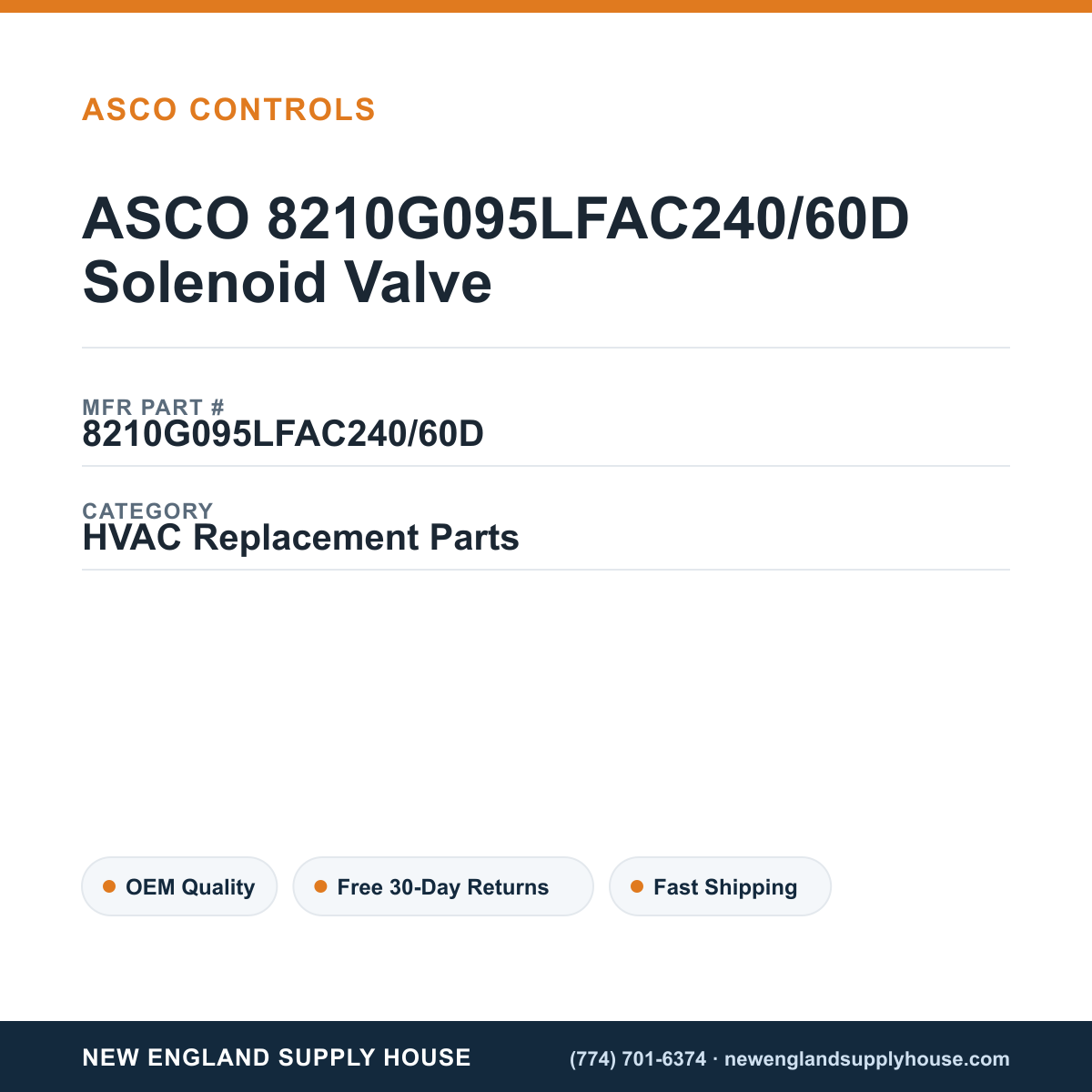 ASCO 8210G095LFAC240/60D Solenoid Valve — New England Supply House spec card [NESH-SPEC-CARD-V2]