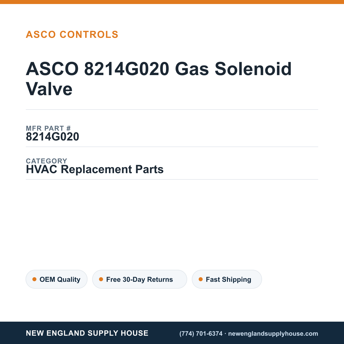 ASCO 8214G020 Gas Solenoid Valve — New England Supply House spec card [NESH-SPEC-CARD-V2]