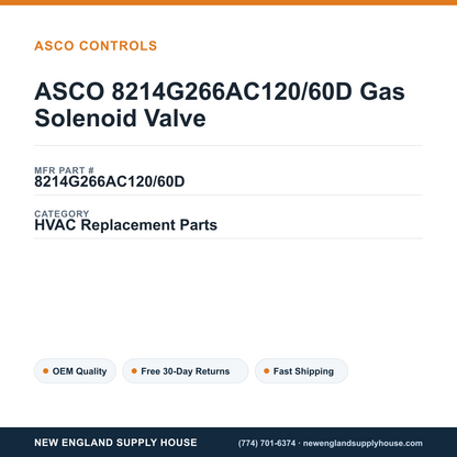 ASCO 8214G266AC120/60D Gas Solenoid Valve — New England Supply House spec card [NESH-SPEC-CARD-V2]