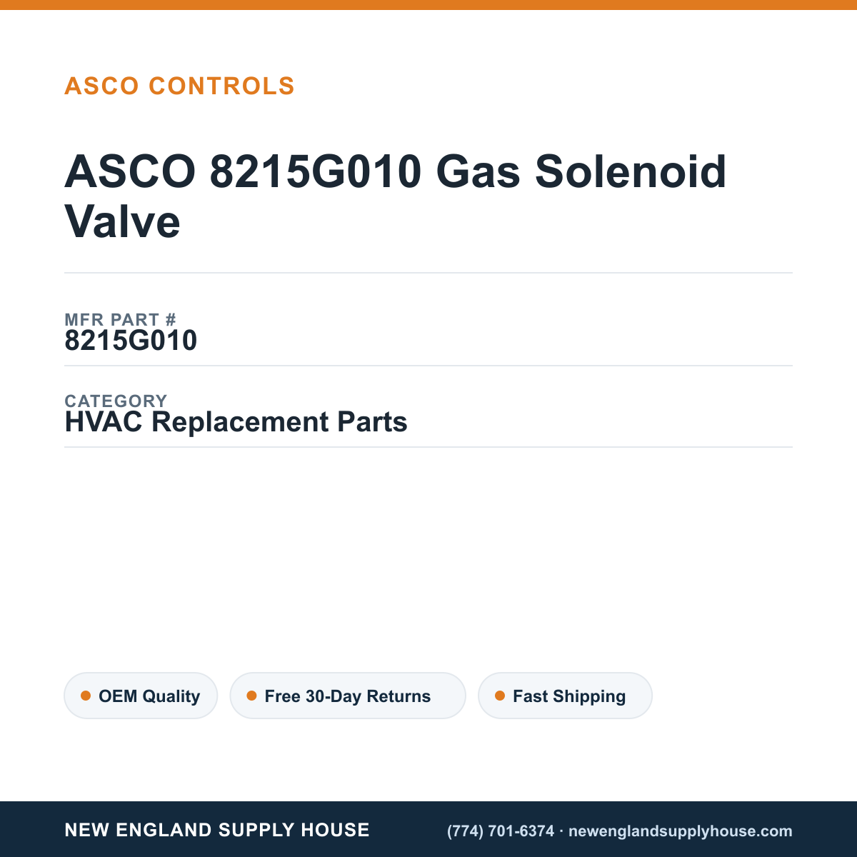 ASCO 8215G010 Gas Solenoid Valve — New England Supply House spec card [NESH-SPEC-CARD-V2]