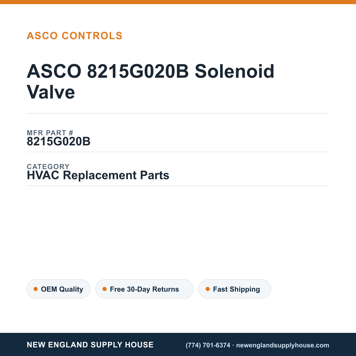 ASCO 8215G020B Solenoid Valve — New England Supply House spec card [NESH-SPEC-CARD-V2]