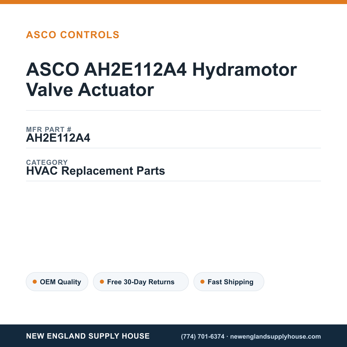 ASCO AH2E112A4 Hydramotor Valve Actuator — New England Supply House spec card [NESH-SPEC-CARD-V2]