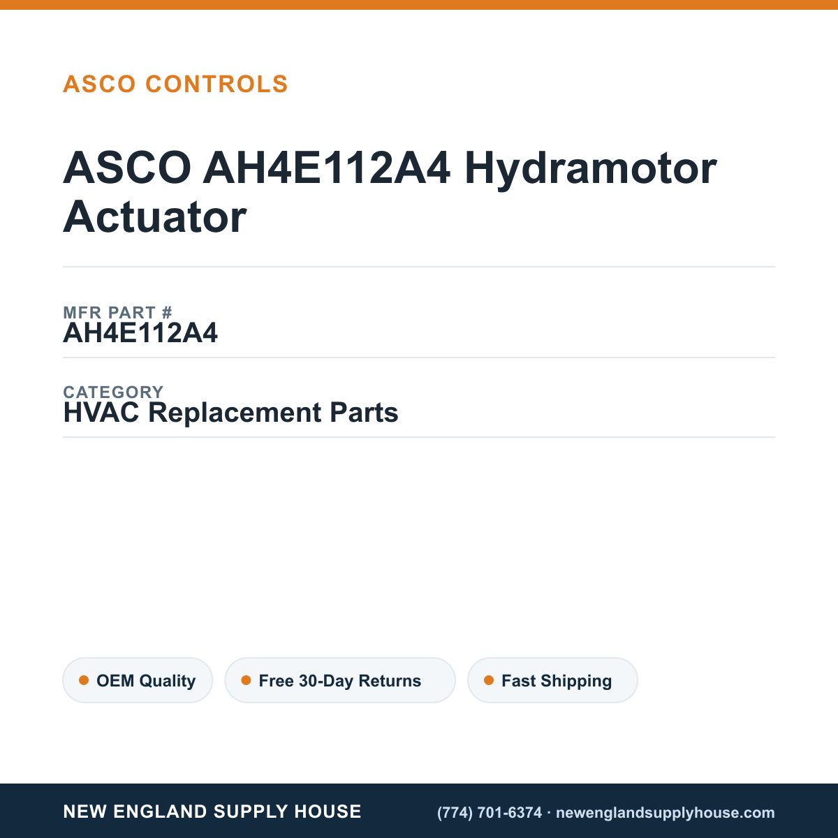 ASCO AH4E112A4 Hydramotor Actuator — New England Supply House spec card [NESH-SPEC-CARD-V2]