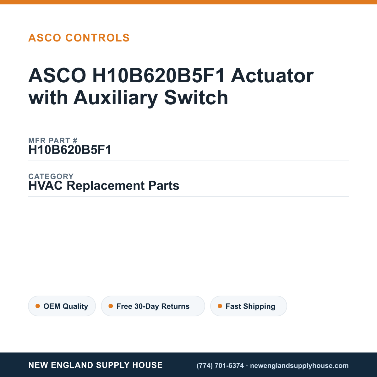 ASCO H10B620B5F1 Actuator with Auxiliary Switch — New England Supply House spec card [NESH-SPEC-CARD-V2]