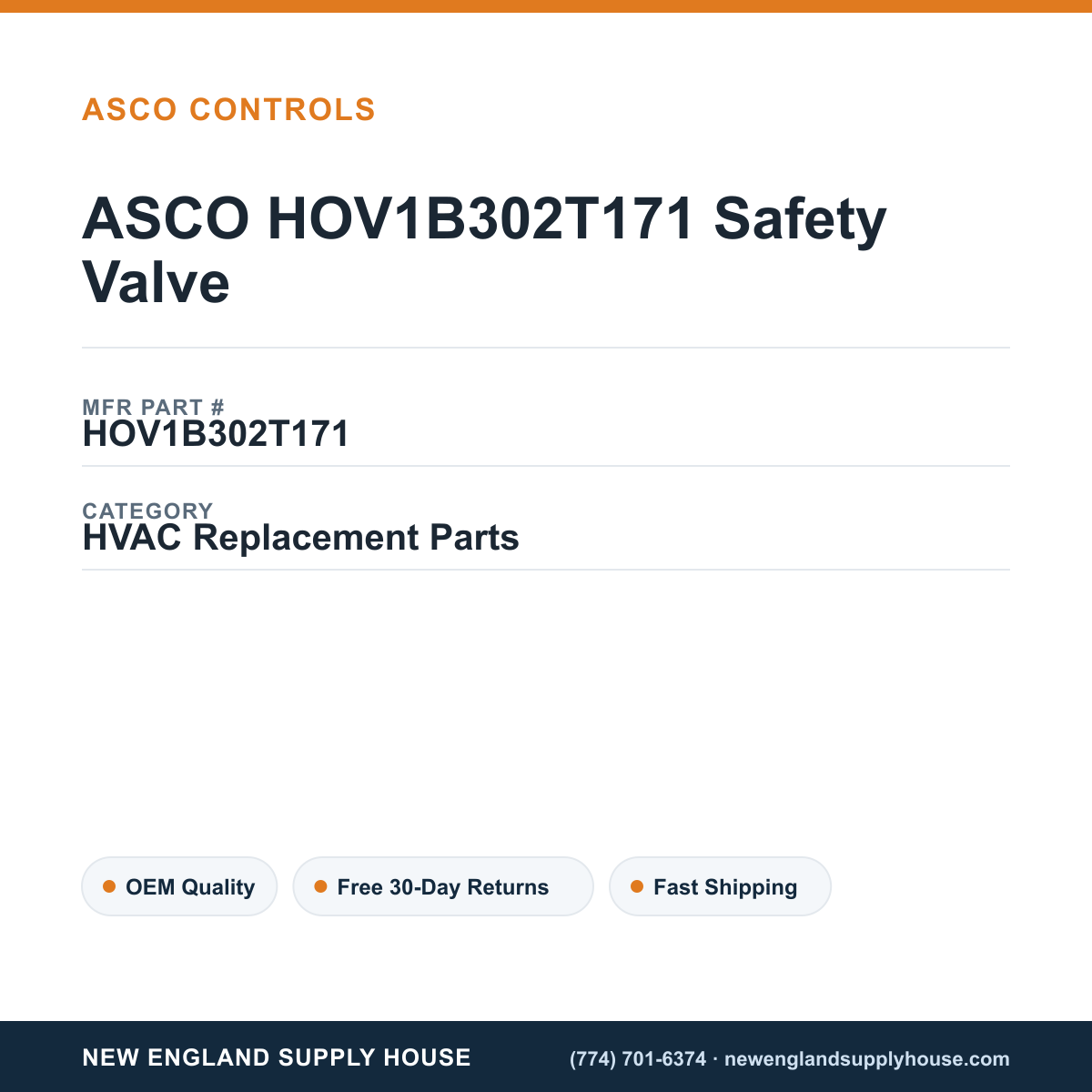 ASCO HOV1B302T171 Safety Valve — New England Supply House spec card [NESH-SPEC-CARD-V2]