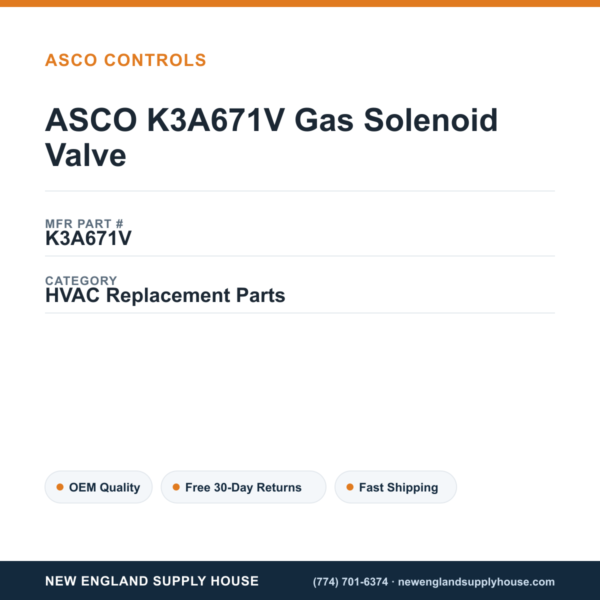 ASCO K3A671V Gas Solenoid Valve — New England Supply House spec card [NESH-SPEC-CARD-V2]