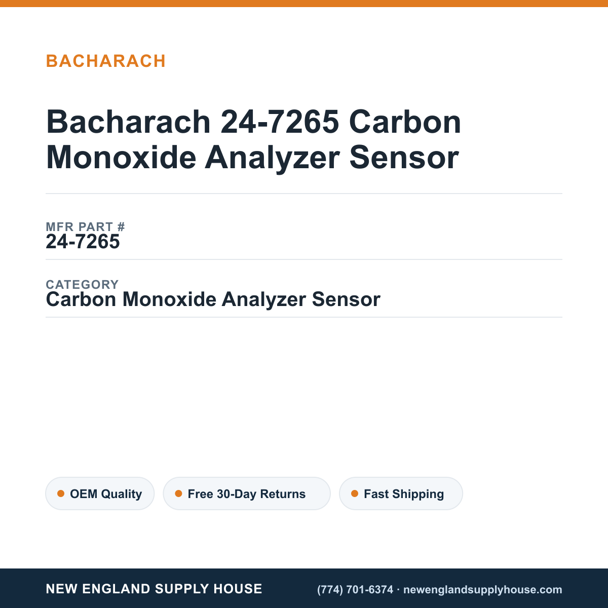 Bacharach 24-7265 Carbon Monoxide Analyzer Sensor — New England Supply House spec card [NESH-SPEC-CARD-V2]