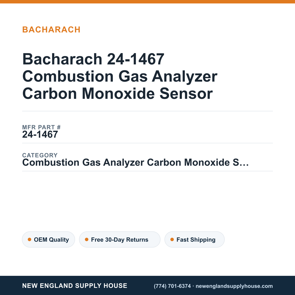 Bacharach 24-1467 Combustion Gas Analyzer Carbon Monoxide Sensor — New England Supply House spec card [NESH-SPEC-CARD-V2]