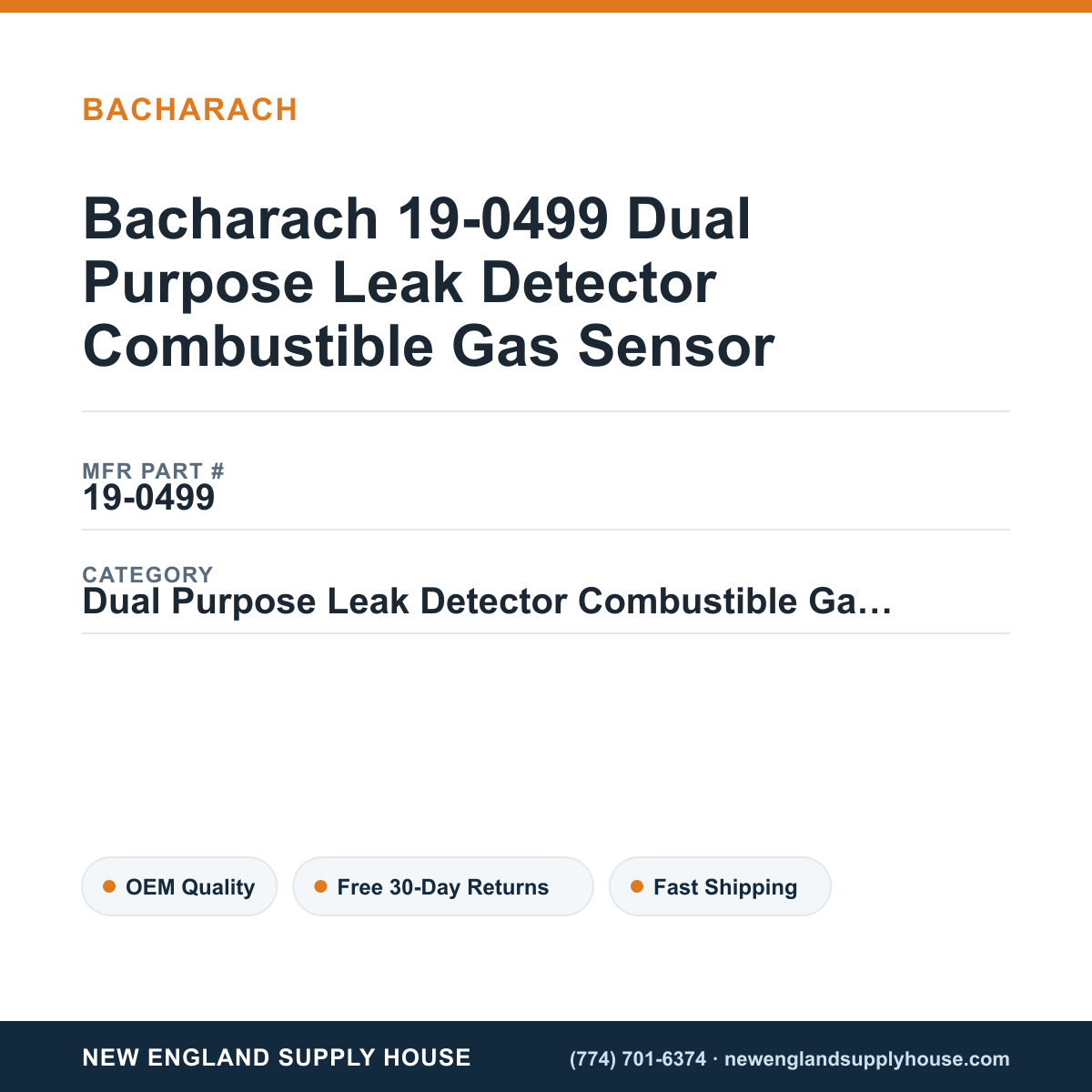 Bacharach 19-0499 Dual Purpose Leak Detector Combustible Gas Sensor — New England Supply House spec card [NESH-SPEC-CARD-V2]