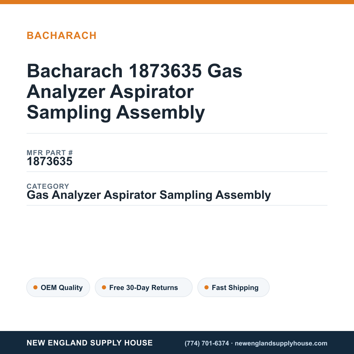 Bacharach 1873635 Gas Analyzer Aspirator Sampling Assembly — New England Supply House spec card [NESH-SPEC-CARD-V2]