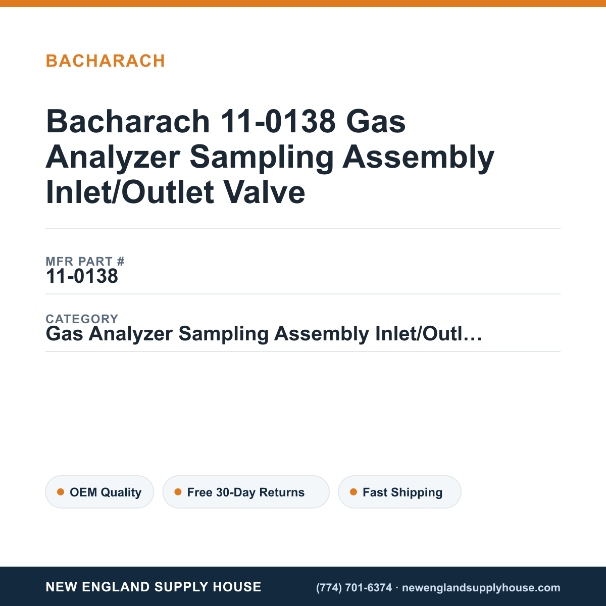 Bacharach 11-0138 Gas Analyzer Sampling Assembly Inlet/Outlet Valve — New England Supply House spec card [NESH-SPEC-CARD-V2]