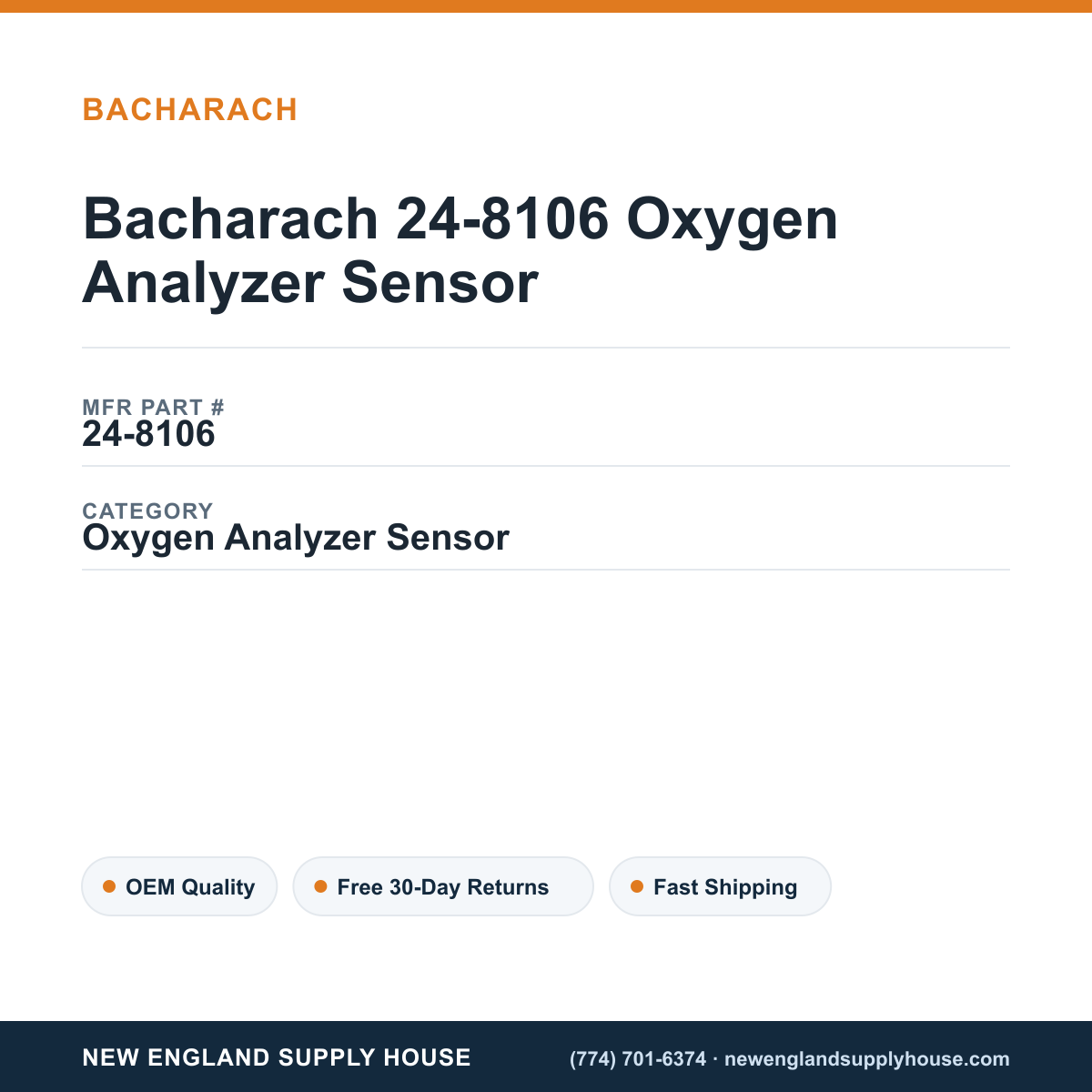 Bacharach 24-8106 Oxygen Analyzer Sensor — New England Supply House spec card [NESH-SPEC-CARD-V2]