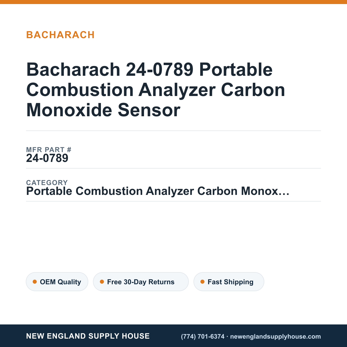 Bacharach 24-0789 Portable Combustion Analyzer Carbon Monoxide Sensor — New England Supply House spec card [NESH-SPEC-CARD-V2]
