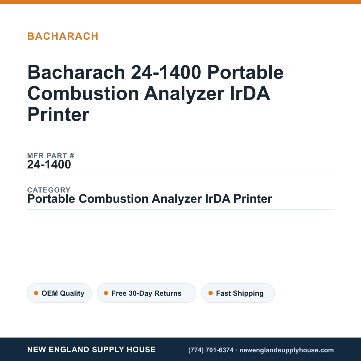 Bacharach 24-1400 Portable Combustion Analyzer IrDA Printer — New England Supply House spec card [NESH-SPEC-CARD-V2]
